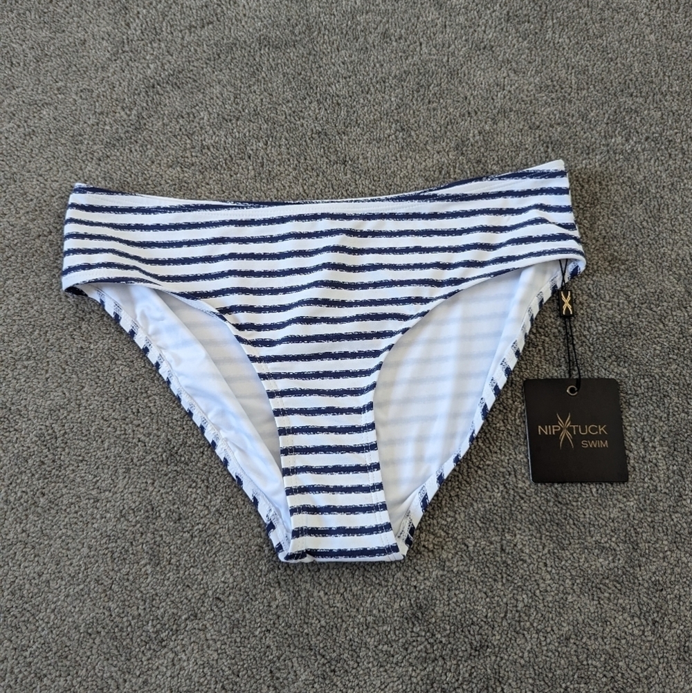 Niptuck Swim Blue and White Stripe Bikini Bottom Women's 10 NEW NWT